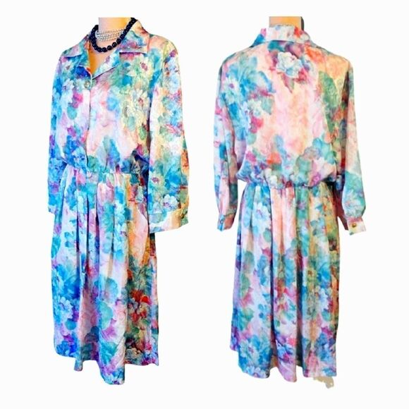 VTG 80s Colorful Floral Satin Long Sleeve Midi Dress Size 16P *fits like Medium - Picture 5 of 13
